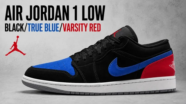 Lead image of the Air Jordan 1 Low "Black/True Blue/Varsity Red" sneaker featuring a black upper with True Blue toe box and Swoosh, Varsity Red heel, and bold release graphic.