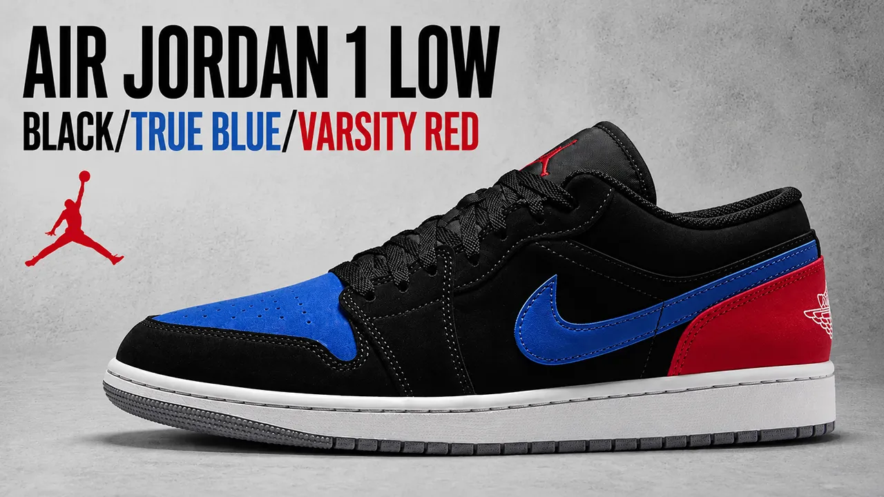 Lead image of the Air Jordan 1 Low "Black/True Blue/Varsity Red" sneaker featuring a black upper with True Blue toe box and Swoosh, Varsity Red heel, and bold release graphic.