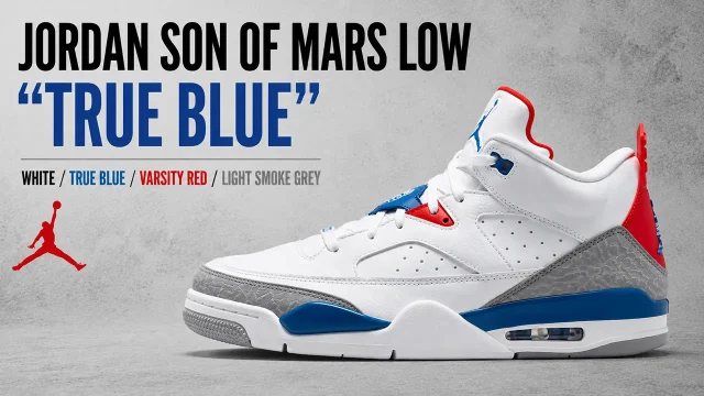 Jordan Son of Mars Low "True Blue" sneaker promotional graphic featuring the White, True Blue, Varsity Red and Light Smoke Grey colorway.